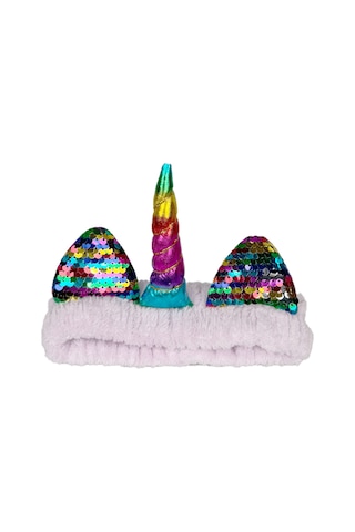 Unicorn Peluş Bandana Makyaj Saç Bandı Lila Gökkuşağı Boynuzlu Beyaz
