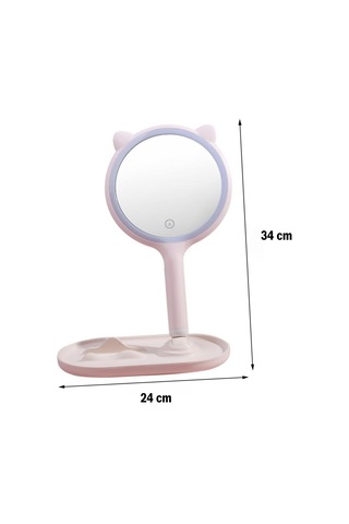 Buradabuldun Kedi Kulaklı Telefon Standlı Yuvarlak Dokunmatik Led Ayarlı Masa Üstü Makyaj Aynası Çok Renkli
