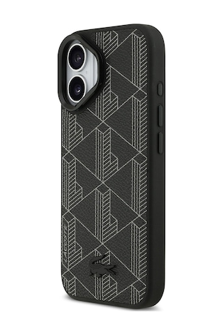 Apple Uyumlu iPhone 17 Kılıf Lacoste Lisanslı M-safeli Standlı Pu Deri Karışık Monogram Desenli Kapak Siyah Siyah