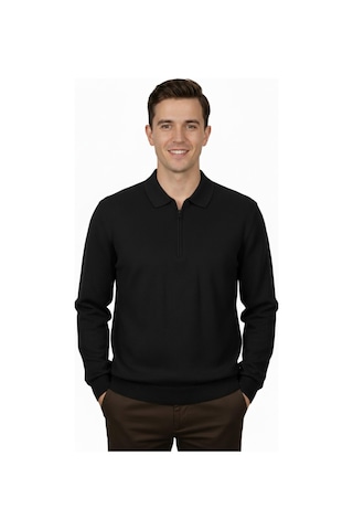 Erkek Regular Fit Polo Yaka Petek Triko Kazak Bgl-st04825 Siyah