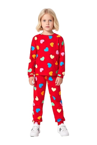 Frm Kız Çocuk Pamuk Polyester Örme Kalp Desenli Pijama Takımı Kalitel Kırmızı