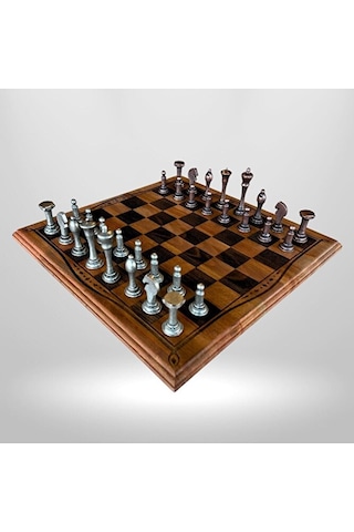 Mc29 Metal Satranç Takımı - Doğal Ahşap Kayın Tahta - El Yapımı Antik Metal Taşlar