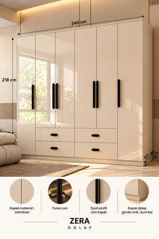 Free Home Zera Kum Beji Mdf Gardırop Elbise Dolabı 240x218x57 Kumbeji