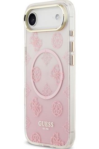 Apple Uyumlu iPhone 17 Air Kılıf Guess Lisanslı M-safe Özellikli Simli Peony Desenli Silikon Kapak Pembe Pembe