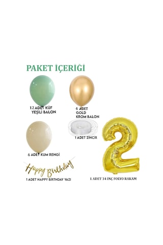 2 Yaş Küf Yeşili Deniz Kumu Ve Krom Gold Balonlu Konsept Doğum Günü Seti