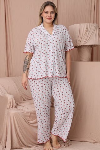 Wordex Mirano 1851 Pointel İnce Kumaş Düğmeli Kısa Kollu Büyük Beden Kadın Pijama Takımı Gri