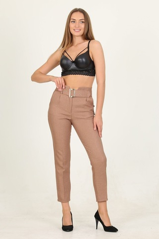 Neşeli Butik Kadın Camel Kemerli Yüksek Bel Havuç Pantolon Qns033