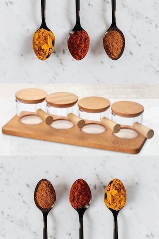 Flosoft Doğal Ahşap Stantlı Ahşap Kapaklı 4 Lü Mika Sosluk, Baharat Reçel Sos Sunum Seti