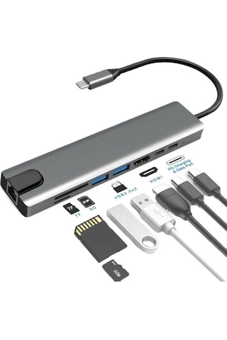 Usb Type-c Hub Dönüştürücü Çevirici Çoklayıcı Usb Hdmı Micro Sd 8 Girişli