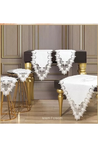 Salon Takımı 5 Parça Dantelli Keten Masa Örtüsü Runner Seti Çeyizlik Samina Model No 85693 Krem Çok Renkli