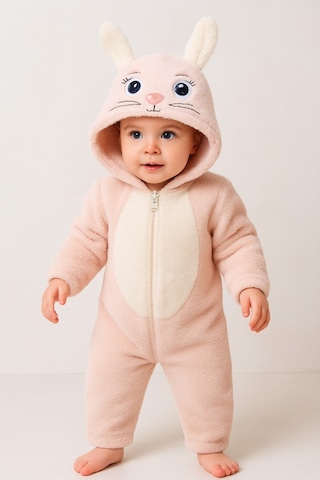 Unisex Bebek Kapüşonlu Tavşan Desenli Peluş Tulum Bej