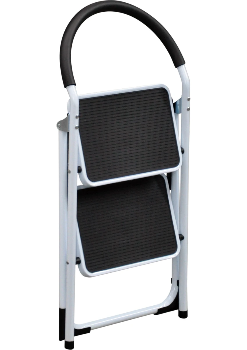 Asil Metal 2 Basamaklı Katlanır Merdiven Geniş Kaymaz Yüzeyli Basamaklı Ev Tipi 150 Kg Taşıma Kapasite Beyaz 1 Adet