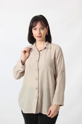 Moda Berray Bb-077 Bej Pamuk Keten Kolu Apoletli İki Cepli Kadın Büyük Beden Gömlek Bej
