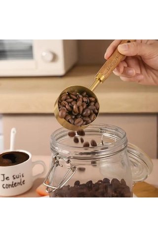 Valkyrie 4 Adet Büyük Boy Paslanmaz Çelik Ahşap Saplı Ölçü Kaşığı Seti Ölçü Kabı 60ml 80ml 125ml 250ml Altın