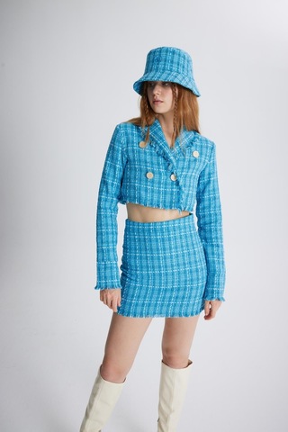 Holly Lolly Tüvit Kumaş Mini Tweed Etek Mavi