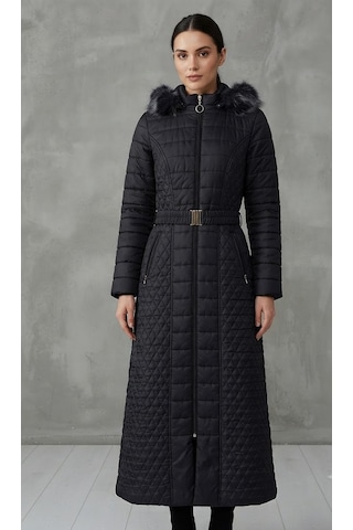 Stormwear Kadın Siyah Kürk Kapüşonlu Kemerli Uzun Kapitone Şişme Mont Kaban Stormwear Kadın Siyah Kürk Kapüşonlu Kemerli Uzun Kapitone Şişme Mont Kaban