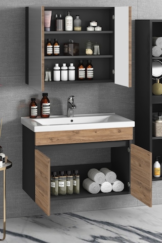 Çiğdem 80+35 Cm Antrasit Gri Mat-Atlantik Çam Mdf Seramik Lavabol Antrasit - Atlantik Çam