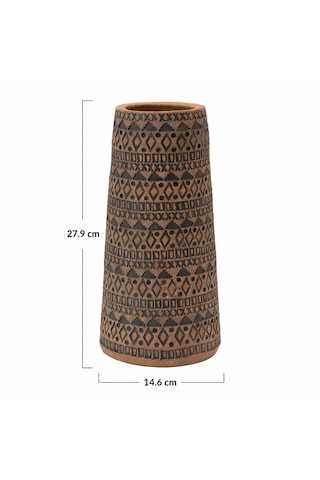 Siyah El Yapımı Terracotta Vazo Kabartmalı Modern Boho Dekor Salon Konsol Sehpa Dekoru Altın - Siyah