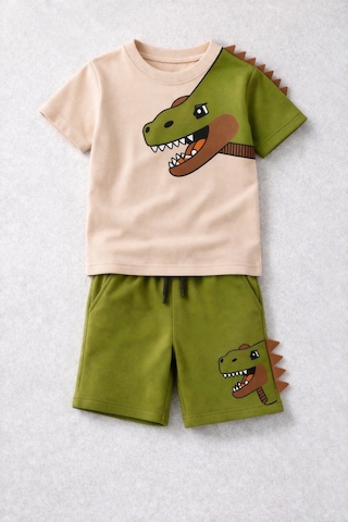 Beka Kids Erkek Çocuk Kısa Kollu Dinazor Baskılı Ve Keçeli Şort Ve Tişört Alt-üst İkili Takım Yeşil