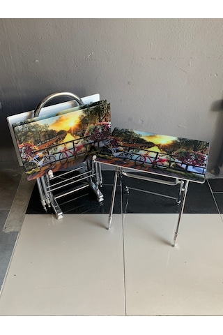 Camlı Bisiklet Desenli Çanta Zigon Sehpa 4'lü