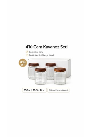 4 Lü Cam Kavanoz Seti Mien 350 Ml Akasya Kapaklı, Hava Geçirmez Yuvarlak Saklama Kavanozu Kahverengi - Şeffaf
