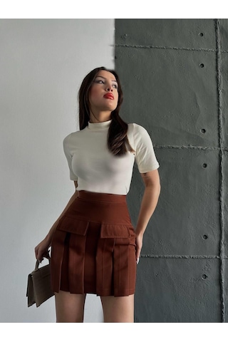 Kadın Acı Kahve Kargo Cep Detaylı Pileli Mini Etek-kahve Kahve