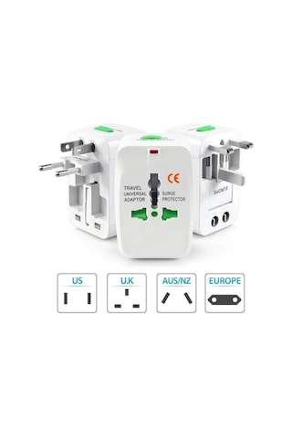 Hepsi Bir Arada Dünya Geneli Üniversal Seyahat Adaptörü - 150+ Ülke Uyumlu Uk/eu/us/aus , Kompakt Boyut 7x5x4 Cm , Beyaz Çok Renkli