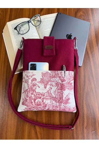 Aksesuarsepeti El Yapımı, Fransız Köylüsü Desenli, Cepli, Taşıma Askılı, Kılıf Çanta, Tablet Kılıfı, Kitap Kılıfı Bordo
