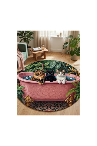 Sevimli Kedi Figürlü Yuvarlak Dijital Baskı Halı Çok Renkli