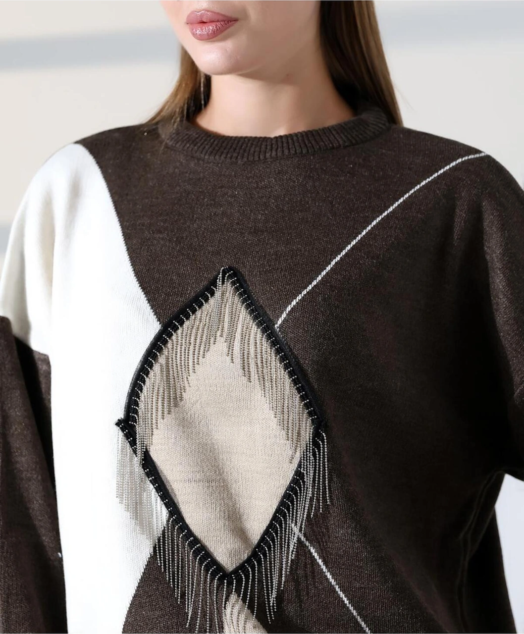 Redmina Fashion Geometrik Desenli Oversize Kadın Kazak Kahve - Beyaz