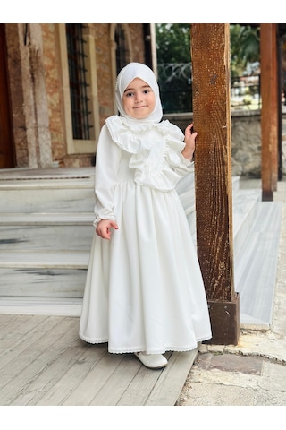 Ayperi Kız Çocuk Tesettür Elbisesi Merasim Elbisesi,başörtülü Takım 3-12 Yaş Uygun Beyaz