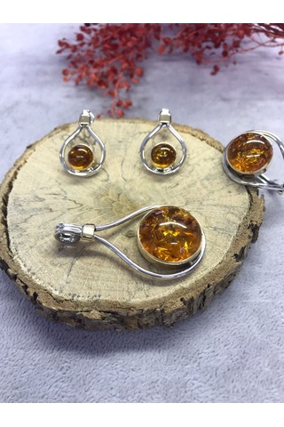 Kehribar Taşlı Gümüş Set 925 Ayar El İşi