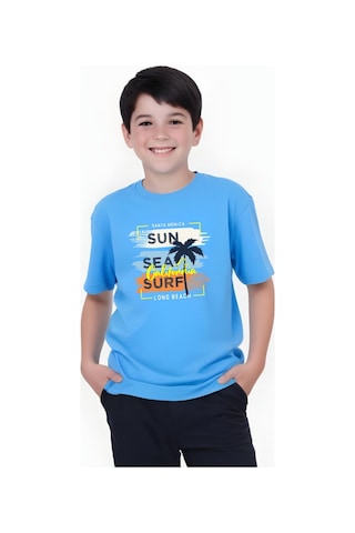 Panios Kids California Sun Baskılı Erkek Çocuk Kısa Kollu Yuvarlak Yaka T-shirt Mavi