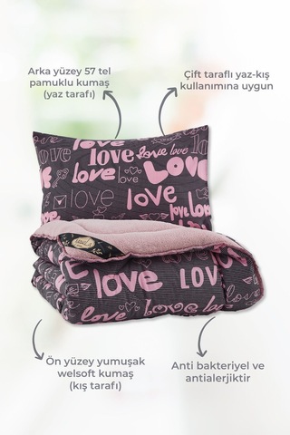 Love Pembe Desenli Çift Kişilik Çift Taraflı Wellsoft Yorgan Seti - Pembe - 195x215