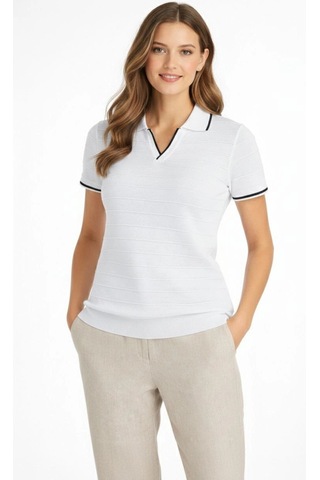 Wear Vexel Kadın Yazlık Dokuma Triko Tişört Düğmesiz Polo Yaka Kısa Kol T-shirt - Beyaz Beyaz