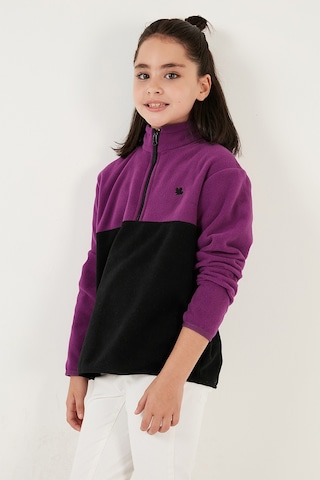 Lela Yumuşak Dokulu Yarım Fermuarlı Renk Bloklu Dik Yaka Unisex Çocuk Polar 5905004 Mor-Siyah