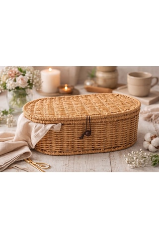 Morponi Rattan Kapaklı Düzenleyici Sepet Doğal Rattan Organizer Oval 28 Cm 1 Adet Kahverengi