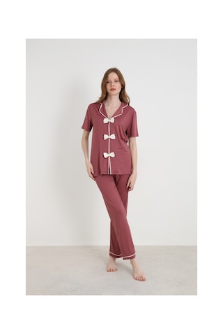 Elitol Bamboo Örme Papyonlu Kadın Pijama Takımı Gül Kurusu-2