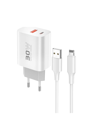 C89q 1 Adet 30w Type-c Ve 1 Adet 22.5w Usb Çıkışlı Ekstra Dl48 1m Usb To Lightning Kablolu Pd Şarj Cihazı - Beyaz