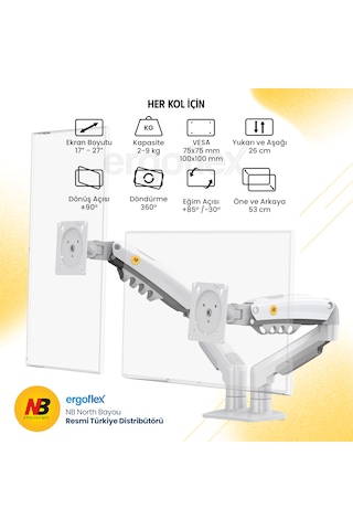 Nb Ergonomic Nb F160 17-27inch Cift Kol 2-9 Kg Amortisorlu Monitor Standı Beyaz