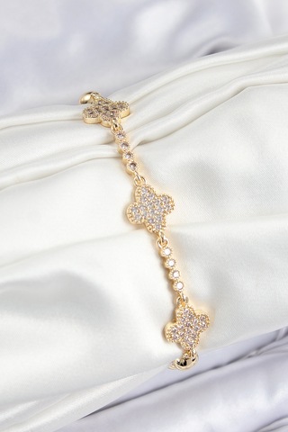 Pirinç Zirkon Taşlı Yonca Model Gold Renk Kadın Bileklik - Tj-bb7561 Diğer