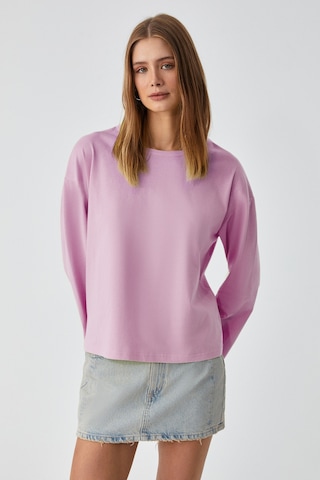 Grımelange Basıl Kadını Oversize %100 Organik Pamuk Örme Uzun Kol Pembe T-shirt Pembe