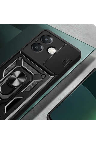 Teknomoda Oppo A3 Kılıf Yüzüklü Standlı Sürgülü Kamera Korumalı Tank Sert Silikon Kapak Siyah