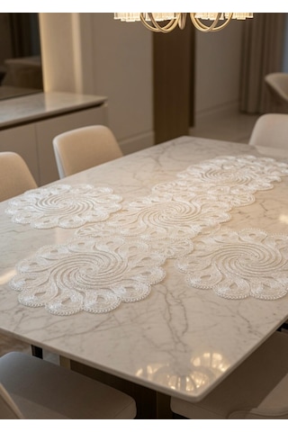 3 Lü Set Örgü Detaylı Beyaz Runner