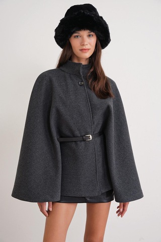 4768 Kadın Kemerli Panço Premium Kaşe Ceket Antrasit Antrasit