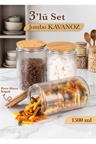 3'lü Cam Kavanoz Seti Bambu Vakum Kapak Büyük Boy Çizgili Erzak Un Bakliyat Saklama Kabı 3x1500ml Şeffaf