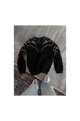 Butik İstanbul Yıldırım Baskılı Bisiklet Yaka Sweatshirt - Siyah