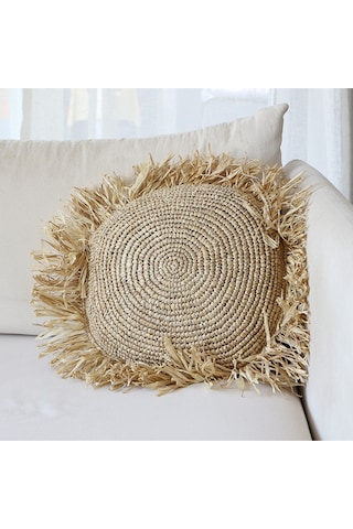 Çift Yön Örgü 40x40 Cm. Doğal Rafya Kırlent - Saçaklı Hali 63 Cm Bej