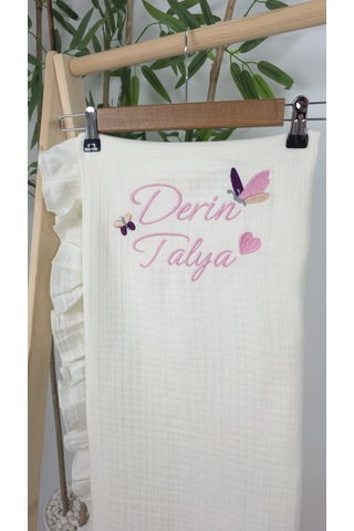 Gros Shop Müslin Yeni Doğan 4katlı Organik %100pamuk Kişiye Özgü Nakışlı Hastane Çıkış Seti-ikili Kelebek Ekru