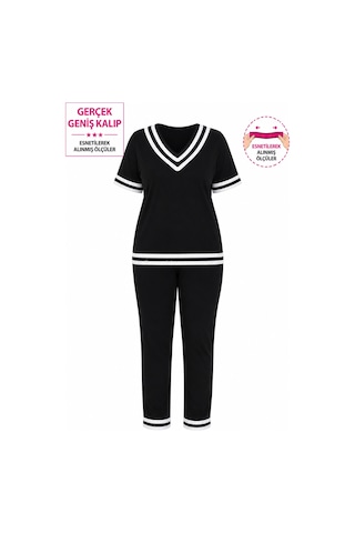 Büyük Beden V Yaka Şerit Detaylı Kısa Kollu Dar Paça Pantolonlu Kadın İkili Takım Siyah